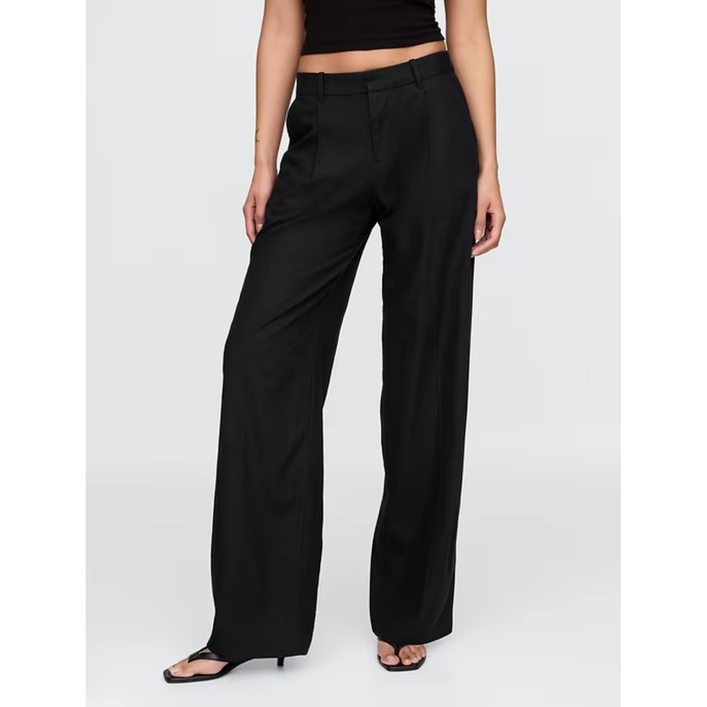 New Gap Pants Trousers 8 Tall Linen Blend Pleated Low Rise Wide Leg Black Chic